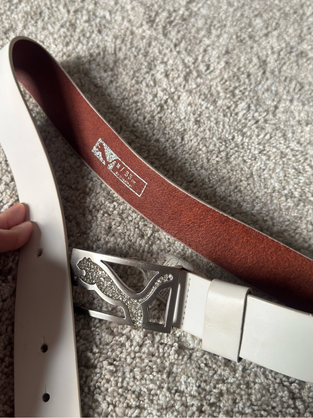Puma Y2K Rhinestone White Leather Belt with Silver Buckle